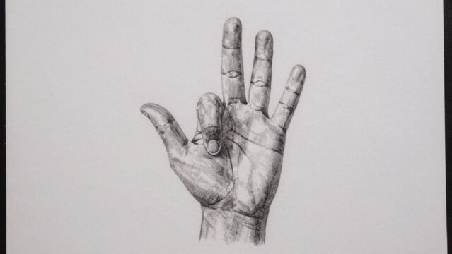 Black white drawing hand has fingers there finger ring background behind black white drawing hand. hand has fi
