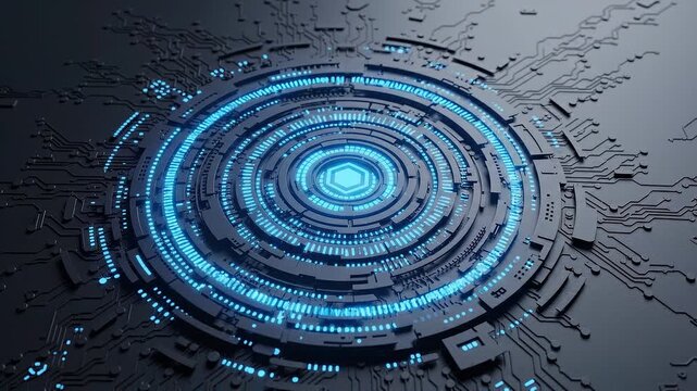 Abstract digital circuit design featuring concentric circular patterns with glowing blue elements, showcasing intricate details and technology in a dark background setting