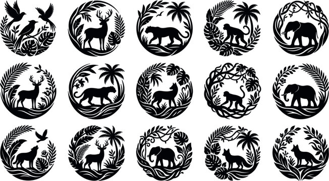 Wild Animal and Jungle Nature Black Silhouette Badge Set Featuring Round Tropical Forest Flora Frames with Wildlife Vectors