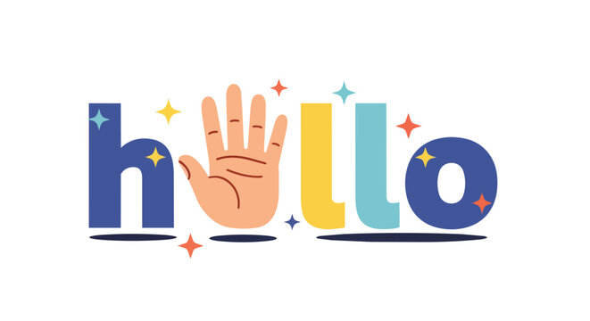 Colorful Hello Greeting with Human Hand and Sparkles