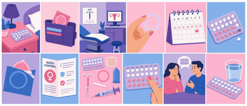 Various birth control methods and reproductive health concepts illustrated
