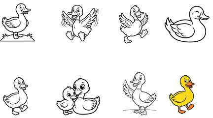 Obraz premium Cute cartoon duck characters in different poses and coloring page outlines vector set