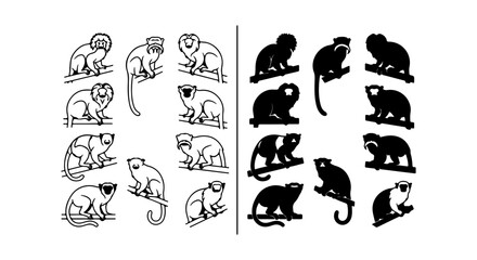 Fototapeta premium Tamarins, Marmosets, Monkeys: Vector Icons Set, Black & White Silhouettes, Cute Primate Collection