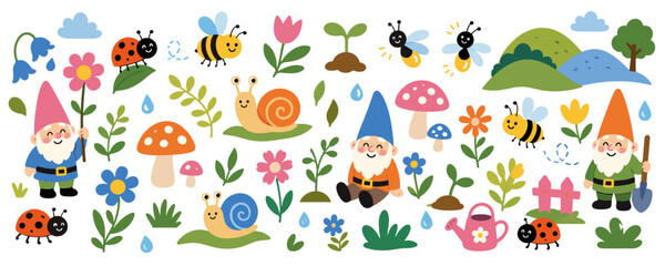 Fototapeta premium Charming garden elements with gnomes, bees, snails, and ladybugs in a playful style