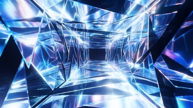 Tracking shot through reflective crystal tunnel moving forward inside futuristic mirrored corridor with shifting light reflections and geometric facets