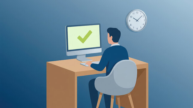 Man working at desk with computer success checkmark