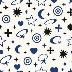 Fototapeta premium Whimsical celestial and heart pattern with stars, moons, and crosses