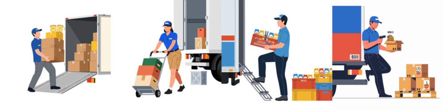 Flat vector set of delivery workers loading and unloading boxes and food crates from transport trucks, representing logistics, distribution, and warehouse services.