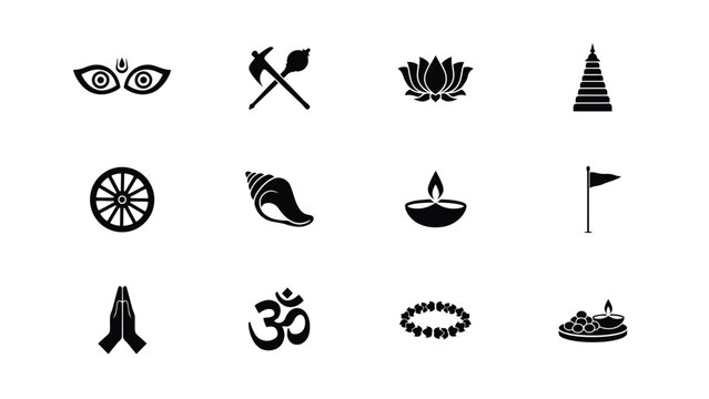 Hinduism religious symbols black color flat icons set with white background minimal design.