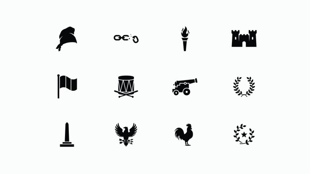 French revolution symbol collection with liberty cap broken chains and royalist emblem.
