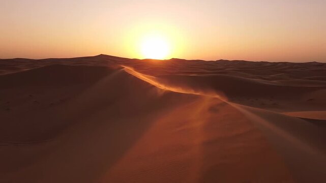 Desert landscape with golden sand dunes illuminated by sunrise, showcasing shifting sands and footprints leading towards the horizon in a serene natural setting
