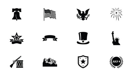 Set of patriotic icons showing liberty bell flag eagle fireworks star ribbon hat statue. © Somiran