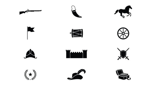 Collection of black military and historical icons including rifle, horn, horse, and drum.