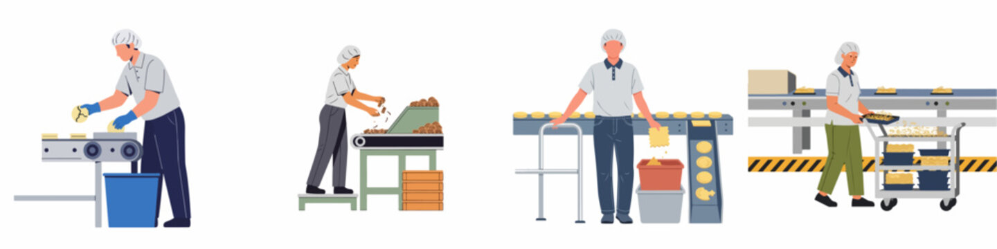 Workers operating food production lines in a processing plant, featuring characters in hairnets and uniforms handling goods on conveyor belts.