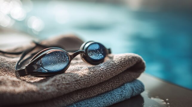 Swimming Goggles on Folded Towel by Poolside Water
