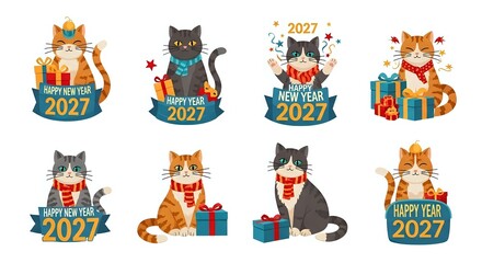 Naklejka premium Cartoon cats celebrating new year 2027 with gifts and festive decorations, isolated clipart elements ready for greeting cards, invitations, and holiday design projects.