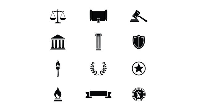 Collection of justice and historical vector icons: scales, scroll, gavel, building, pillar, shield, torch, flame.