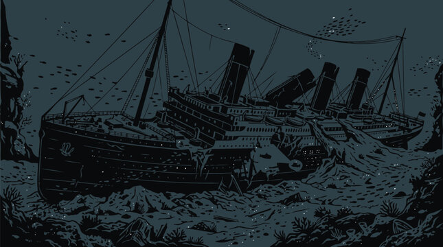 Vintage illustration of RMS Titanic sinking in ocean