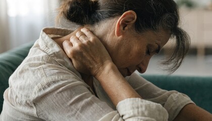 Fototapeta premium Elderly woman sitting with a pained expression, massaging her neck, suggesting discomfort or stress in a quiet indoor setting.