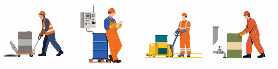 Obraz premium Set of industrial factory workers handling barrels and equipment in safety gear, vector illustration isolated on white background.