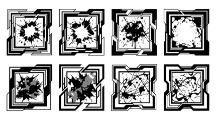 Fototapeta premium Ink splatter boxes arranged in a collection showcase artistic frames that integrate chaotic paint drips with sharp edges.