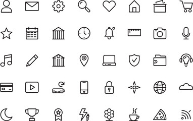 Fototapeta premium Set of minimalist outline icons depicting office, communication, and digital tools in monochrome style.