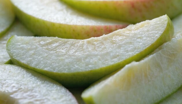 Close-up of fresh, juicy green apple slices with visible texture and moisture on the surface.