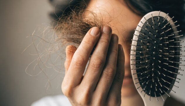 A person holding a clump of hair in front of their face with a hairbrush containing tangled hair strands, highlighting hair loss or breakage concerns.