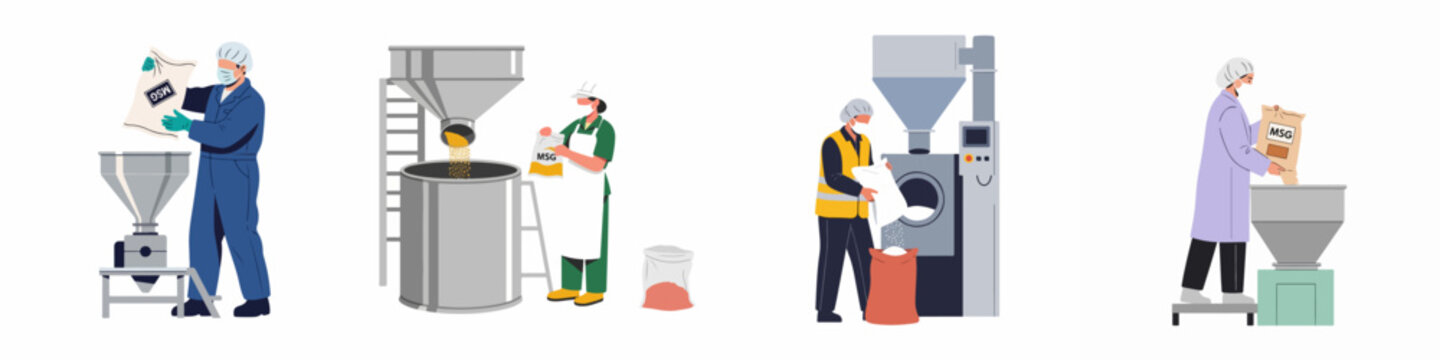 Industrial food production workers in protective gear processing MSG bags with factory machinery vector illustration set.