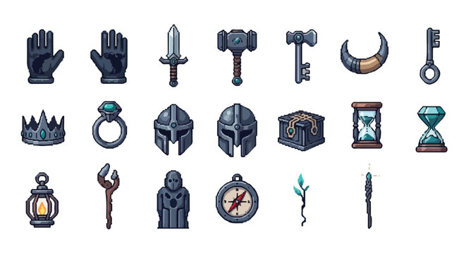 This vector illustration features a diverse collection of pixel art icons depicting various fantasy adventure items and equipment.
