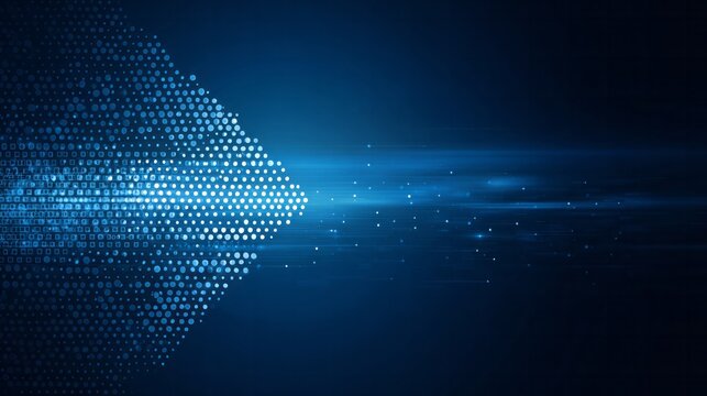 Digital data stream forms a bright arrow shape moving across a dark blue background