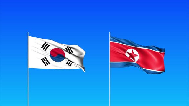 South Korea and North Korea Flags Animation Loop, Waving National Flags Background