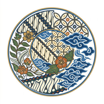 Circular batik pattern with floral and cloud motifs.