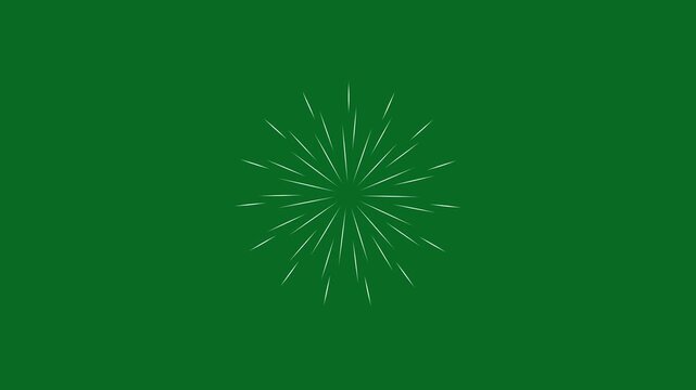 Circle 2D fireworks line blast animation, circular burst motion graphics, shiny explosion effect, highlight on green  screen firework explosion line shape blast, 4k fireworks glowing line effect