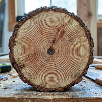 Close-up view of a sawn pine tree log cross-section with visible growth rings, rough bark and wood texture on a workshop bench, evoking craftsmanship, age, nature and woodworking process