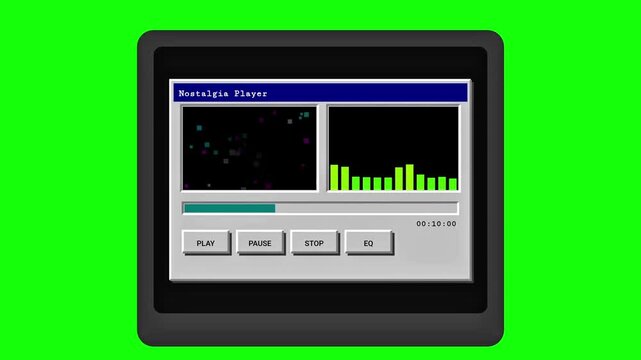 Retro computer music player interface with visualizer and equalizer on green screen