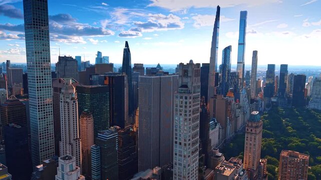 Modern skyscrapers on Billionaires Row near Central Park New York. Aerial high angle view of slender residential skyscraper towers by Central Park in Manhattan.