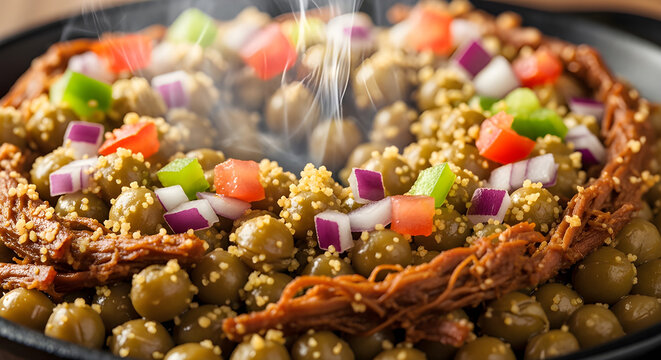 Steaming Brazilian Savory Cuscuz Paulista with Shredded Meat and Green Peas
