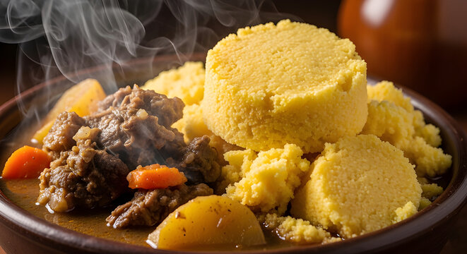Steaming Brazilian Corn Couscous Cuscuz Served with Hearty Beef Stew
