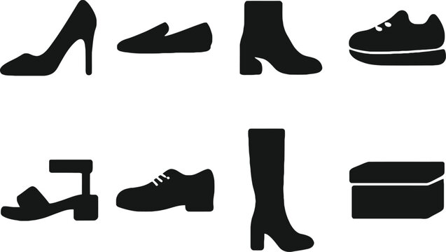 Set of black women high heel shoes and sneakers flat vector icons Vector
