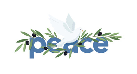 Obraz premium White Dove and Olive Branch with Peace Text Illustration