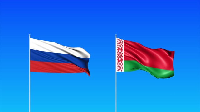 Russia and Belarus Flags Animation Loop, Waving National Flags Background