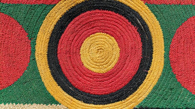 Tribal Circle Pattern: A close-up view of a vibrant, circular geometric pattern, showcasing concentric rings of red, yellow, and black, set against a backdrop of green and red elements.