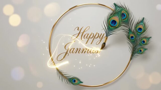 Elegant Janmashtami greeting animation with golden frame peacock feathers and festive celebration design