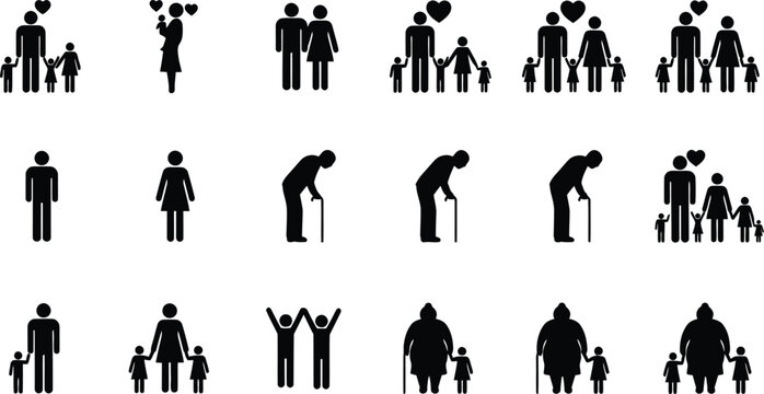 Family life stages and generations from baby to elderly people in different activities together Vector