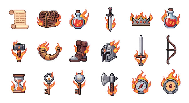 A collection of eighteen pixel art fantasy game icons including weapons, armor, and magical items, many of which are engulfed in stylized flames.