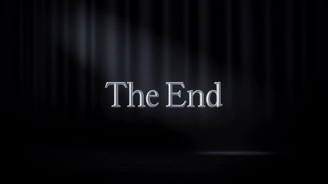 Dramatic curtain finale with bold "the end" text in spotlight