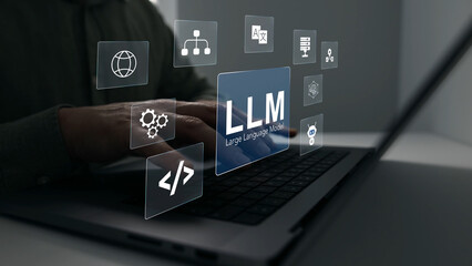 Large language model(LLM) with AI technology.User working on laptop in LLM,Data performrange language tasks,answering questions, summarizing information, translating languages, writing code. © Mer_Studio