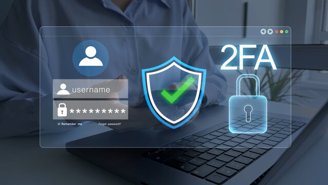 Secure 2FA authentication concept with verification, password protection and cybersecurity technology. Safe digital login access for online accounts, privacy and data security.