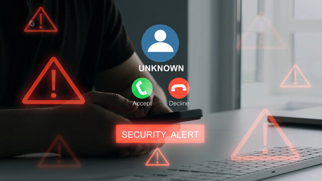 Scam call alert concept showing a suspicious incoming call on smartphone.Unknown Caller fraud risk and warning message highlight phishing, identity theft and the need for caution and digital security.